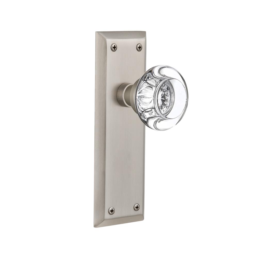Nostalgic Warehouse NYKRCC Passage Knob New York Plate with Round Clear Crystal Knob without Keyhole in Satin Nickel